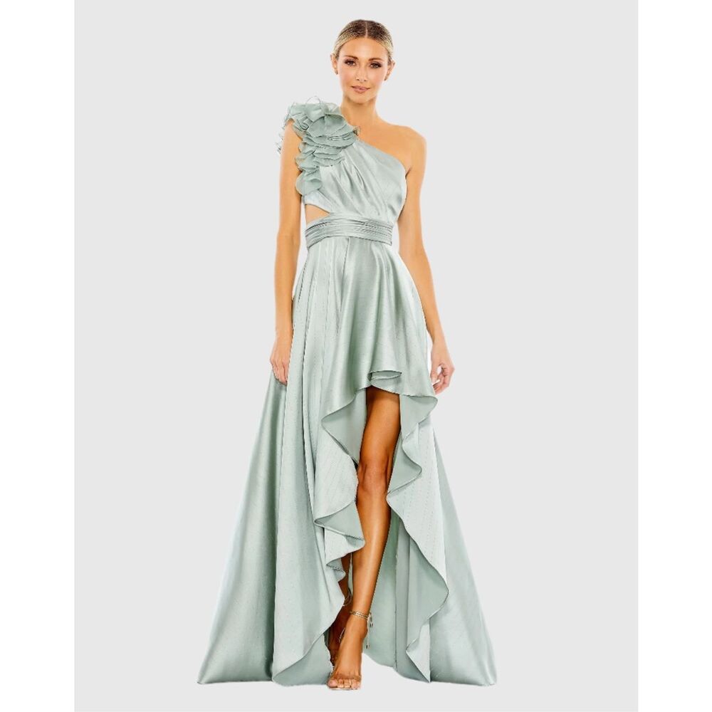 Mac Duggal One-Shoulder Ruffle Maxi Dress in Light Green
